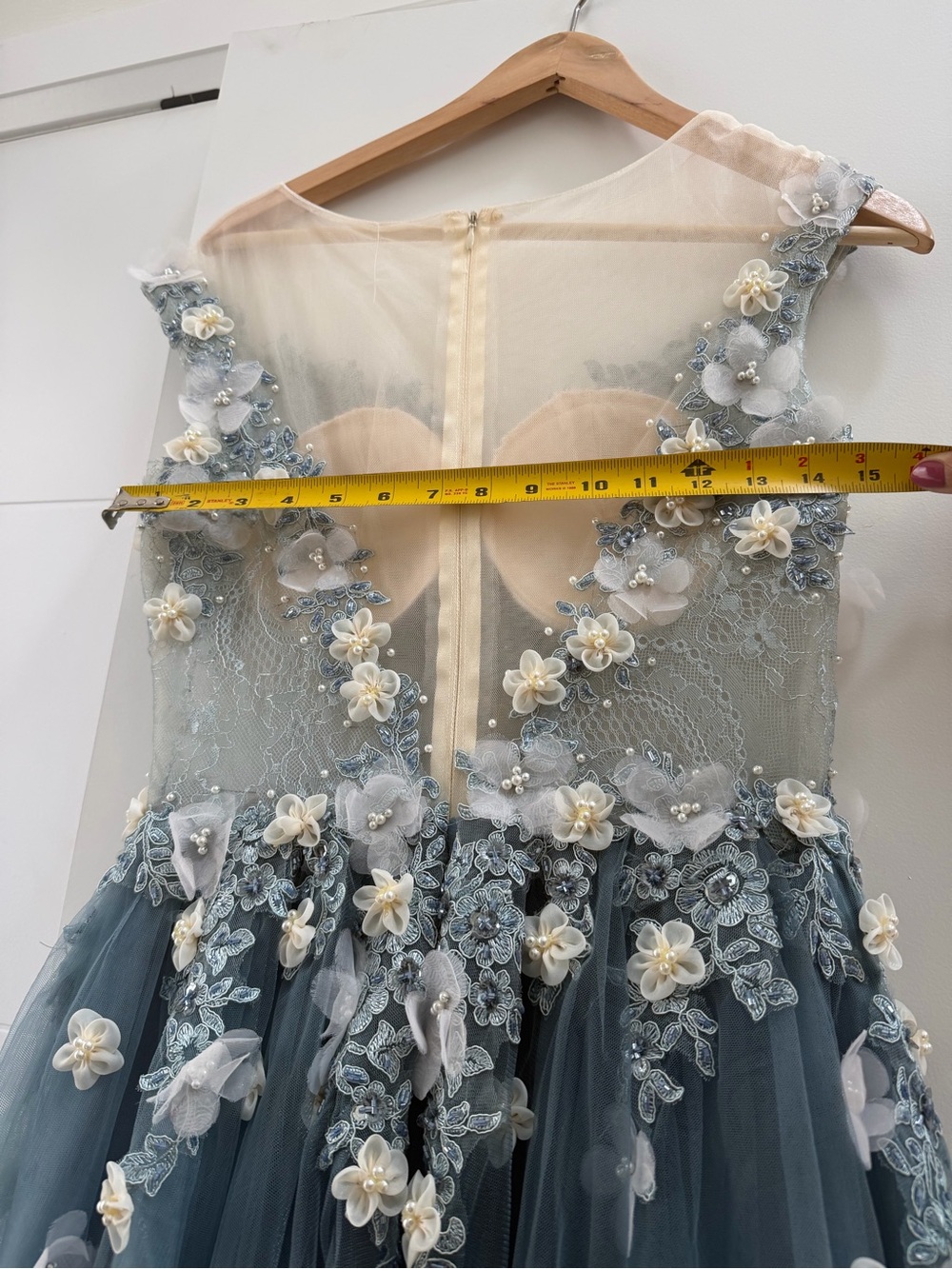 Prom/ Wedding ! Designer inspired Grey Tulle Maxi Dress with Floral Appliqué - Picture 13 of 14